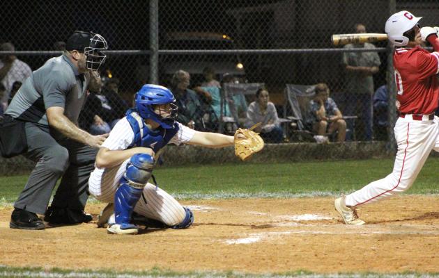 Edna catcher Whit Martin watches as a Columbus batter fouls off a pitch during the sixth inning of Tuesday's game.