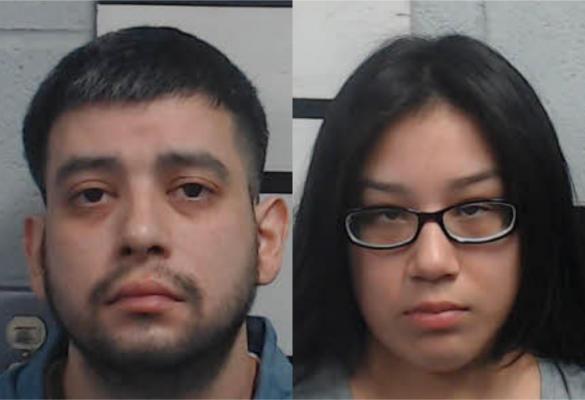 Two mugshots of a male and female, both with dark hair. the female is wearing glasses.